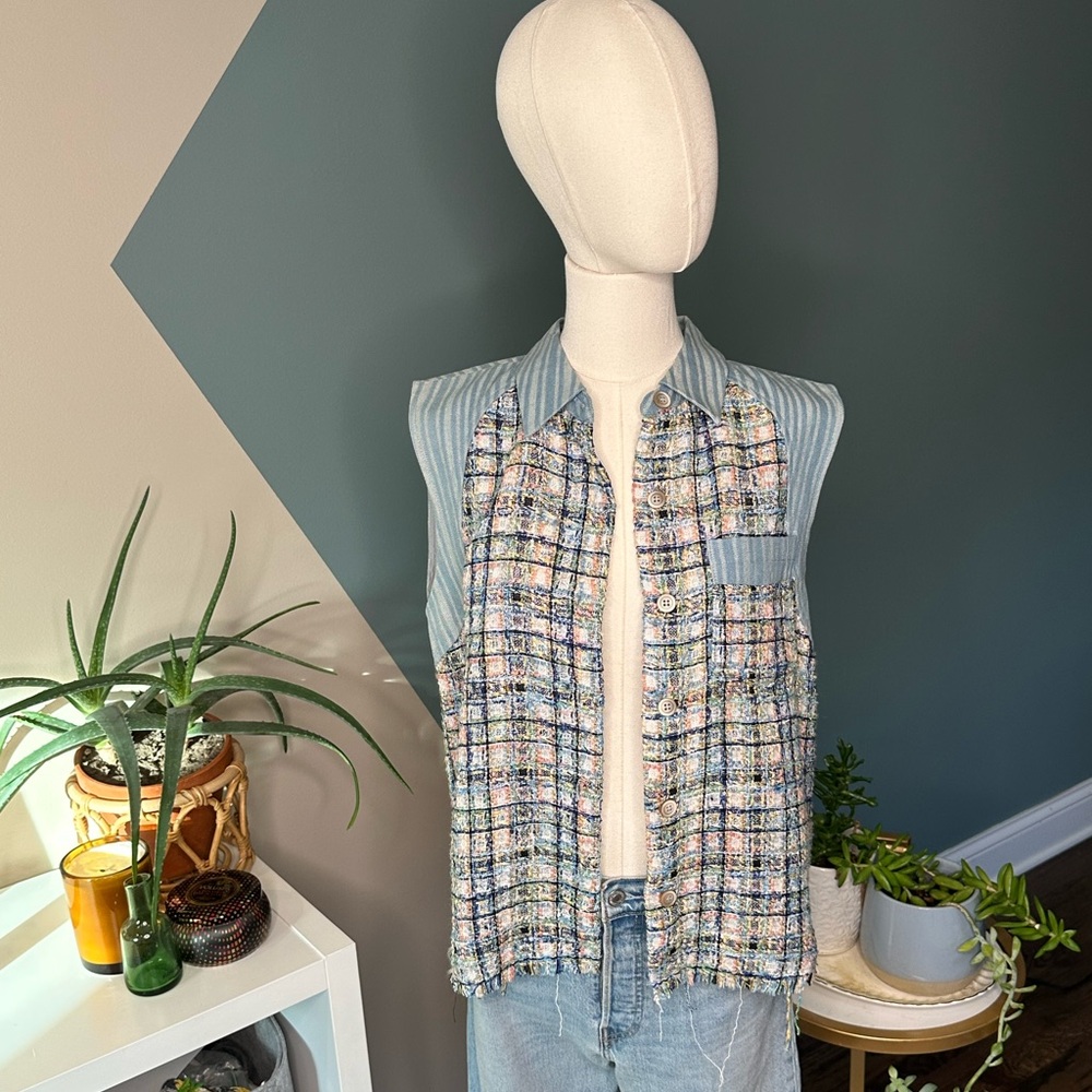 Mystree Tweed Sleeveless Vest NWT Boho Chic Cottagecore Raw Hem Button-Up Top S - Picture 3 of 14